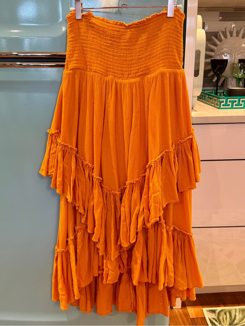 Free People Orange Asymmetrical Tiered Maxi Skirt